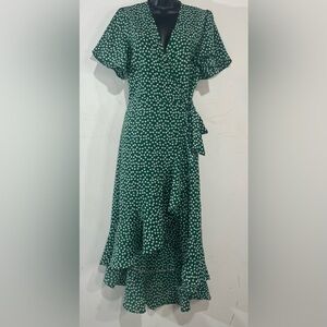 Fleur Wood Green Floral Ruffled Hi Low Wrap Midi Maxi Dress Size Small